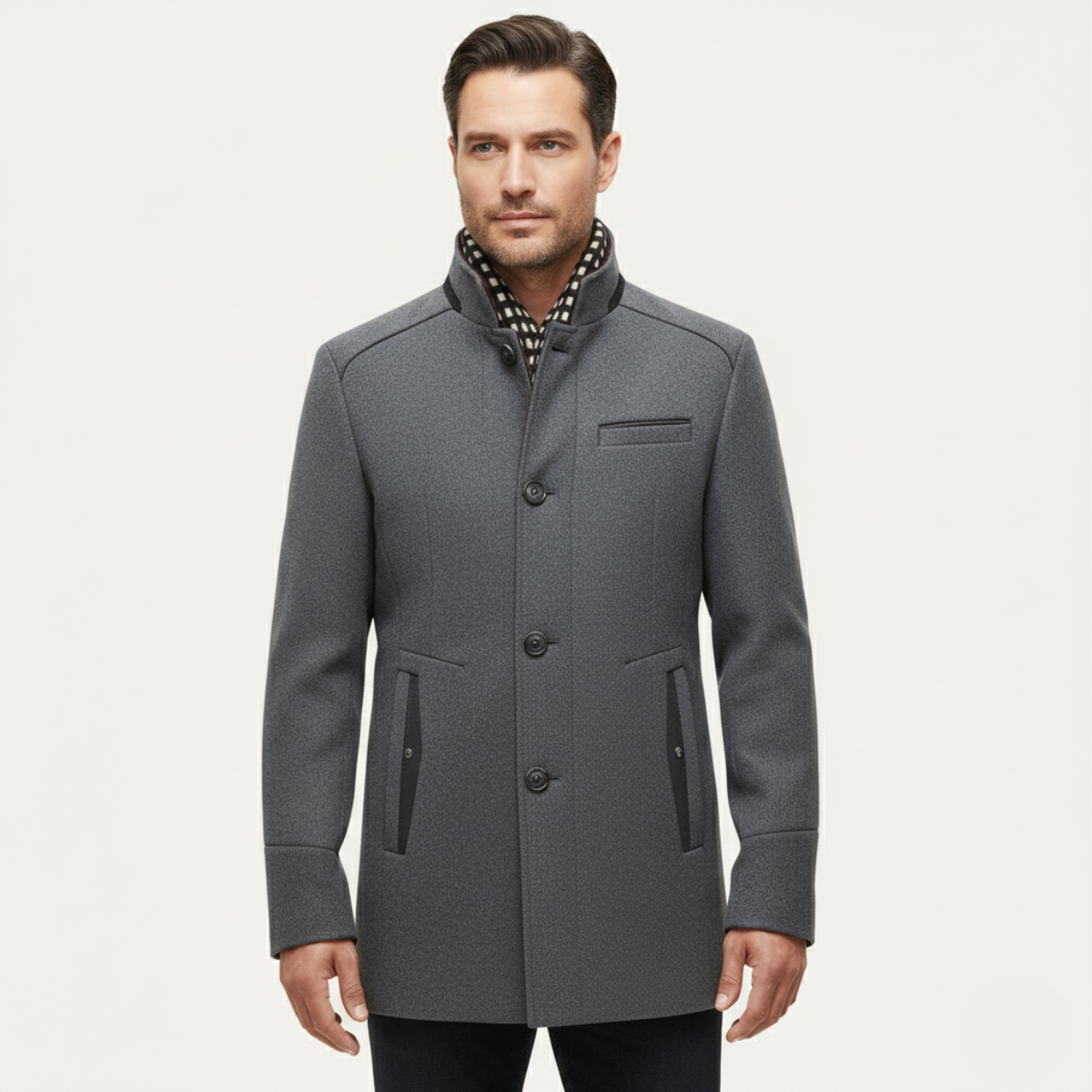 Classic Men's Wool Overcoat with Stand Up Collar