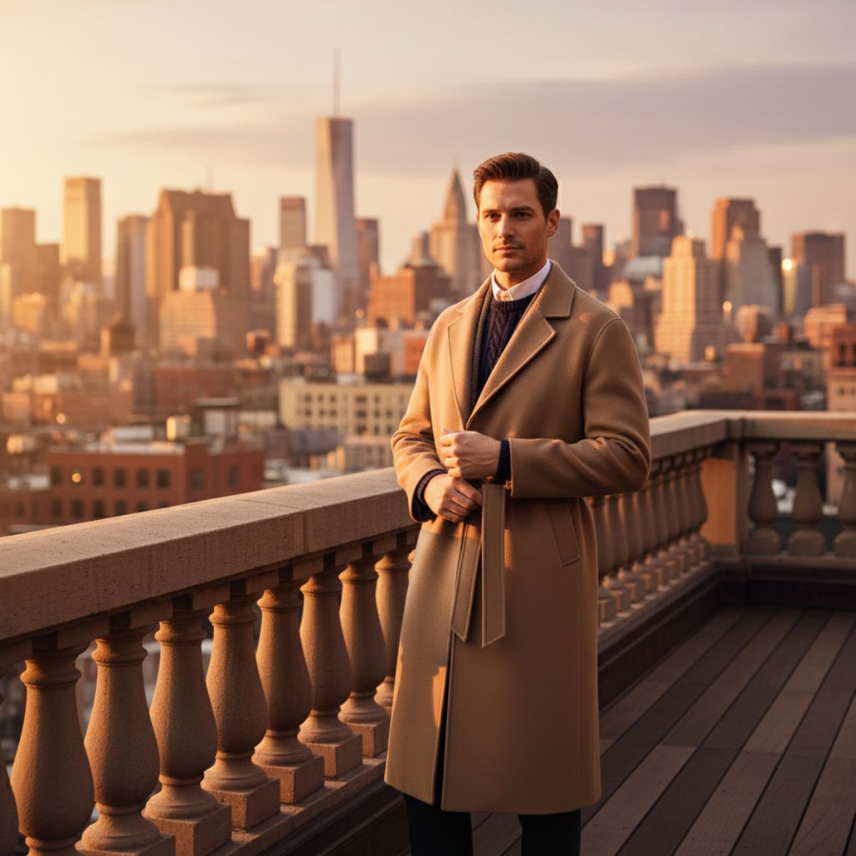 Classic Men's Tan Wool Overcoat with Belt