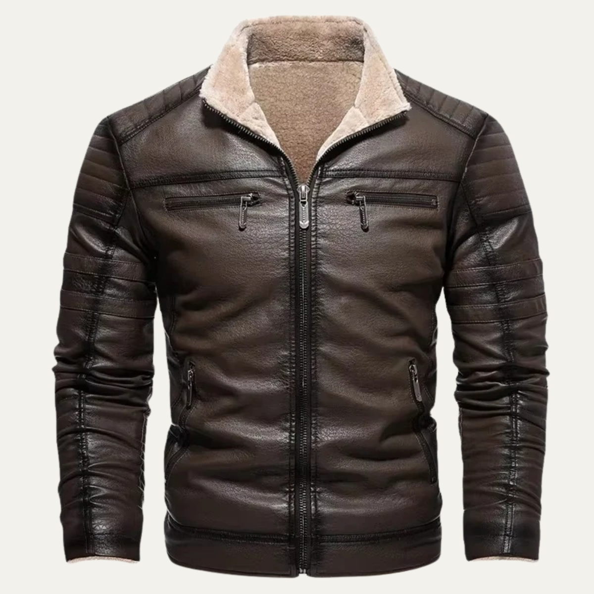 Brown Mens Classic Faux Shearling Leather Coat - Nocini