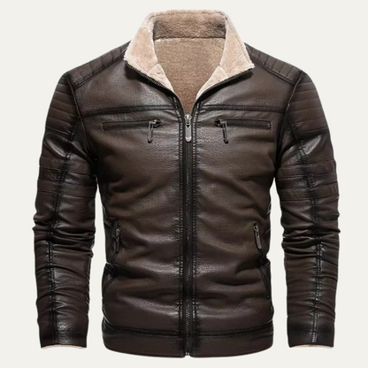 Brown Mens Classic Faux Shearling Leather Coat - Nocini