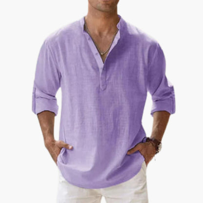 Relaxed Fit Men's Linen Henley Shirt Long Sleeve