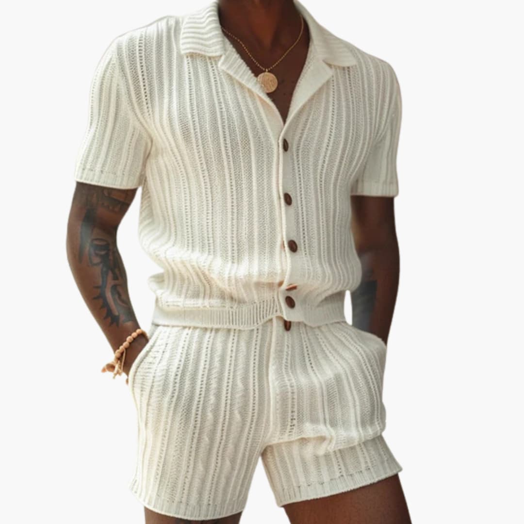 Breathable Knit Polo Shirt and Shorts Set for Men - Olytrend