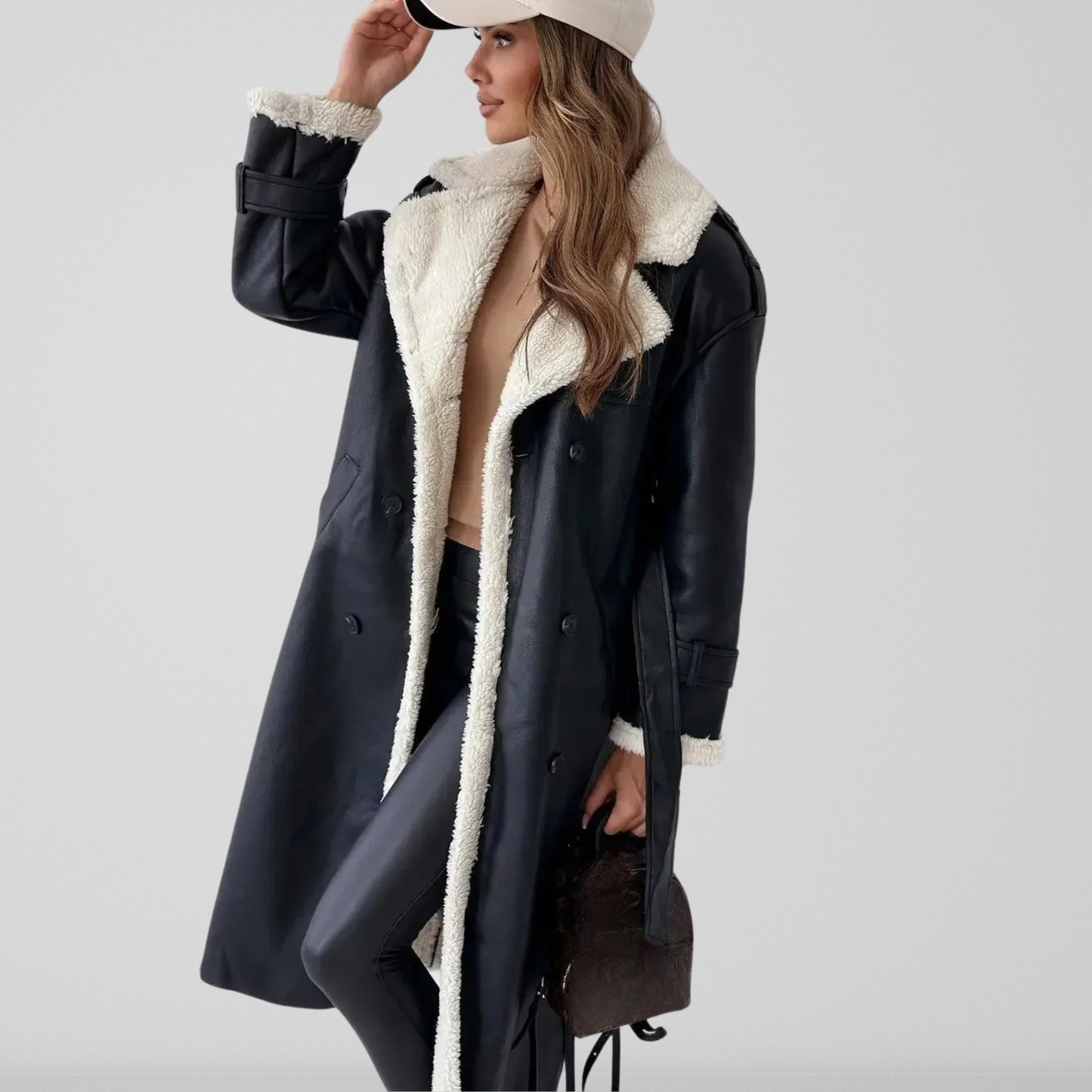 Ladies Faux Leather Double Breasted Trench Coat