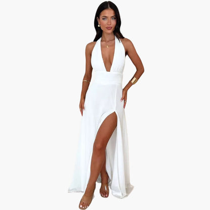 Long Sleeve Slit Dress - Chic Women's Formal Gown Halter Neck