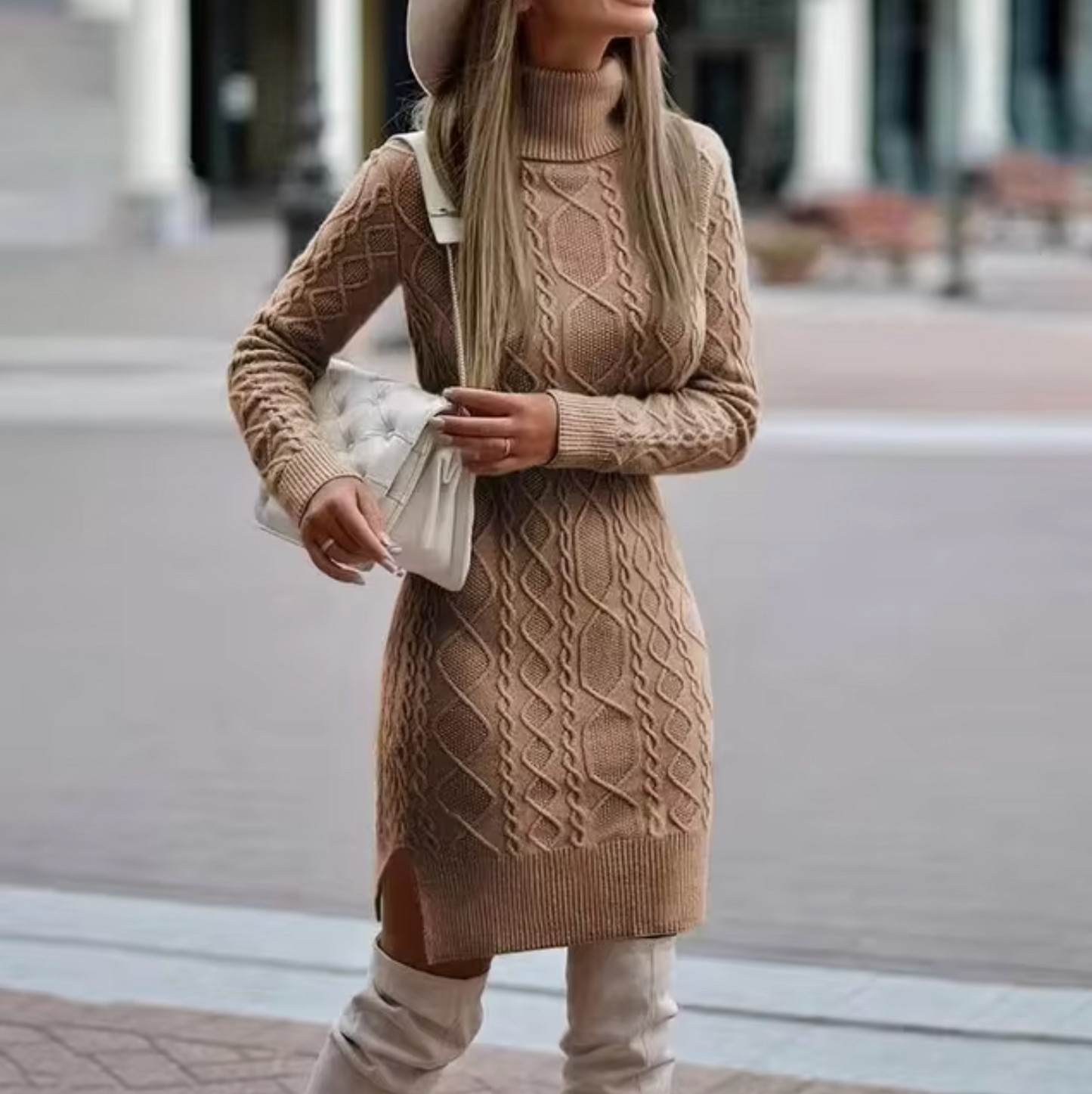 Cozy Roll Neck Cable Knit Dress