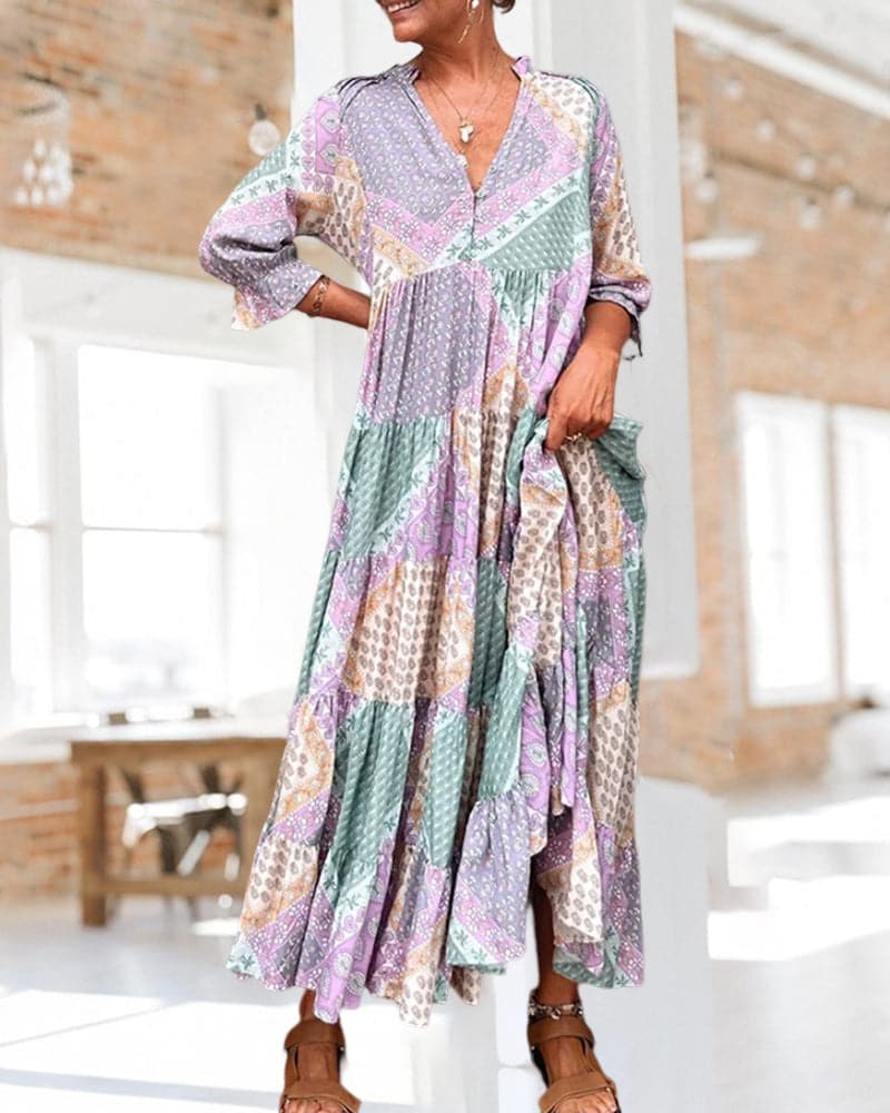 Loose Fit Floral Maxi Dress with V Neck