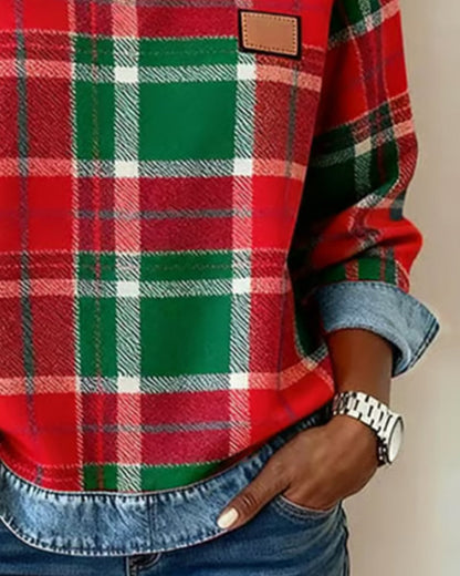 Plaid Patchwork Crew Neck Sweatshirt