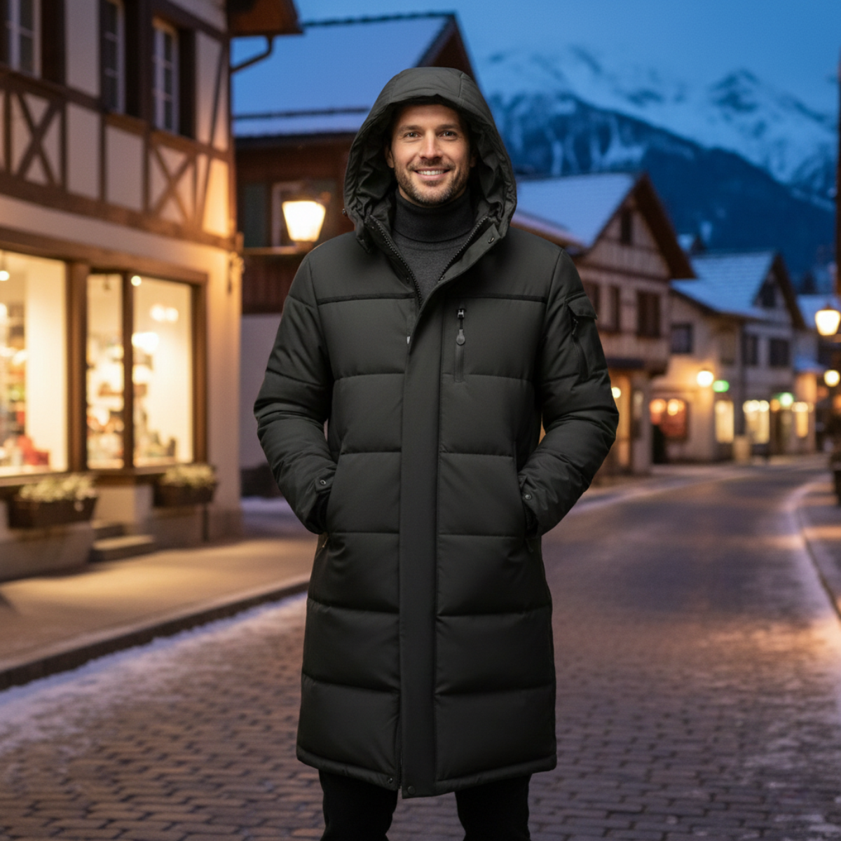 Warm Men's Black Down Parka Coat with Hood