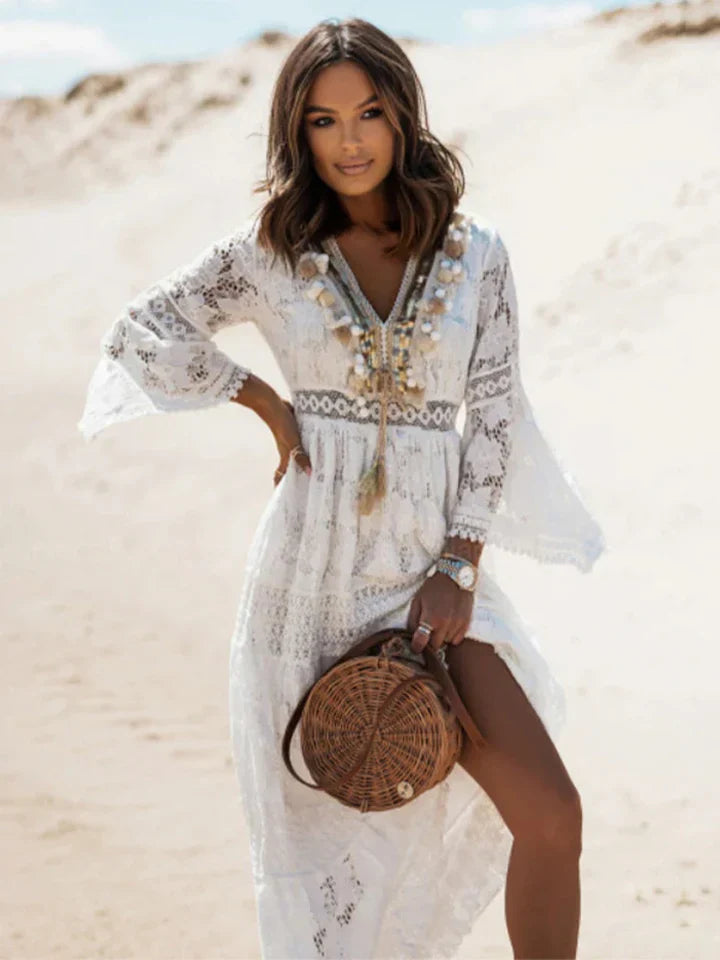 Flowy Long Dress with Lace and Bell Sleeves - Olytrend