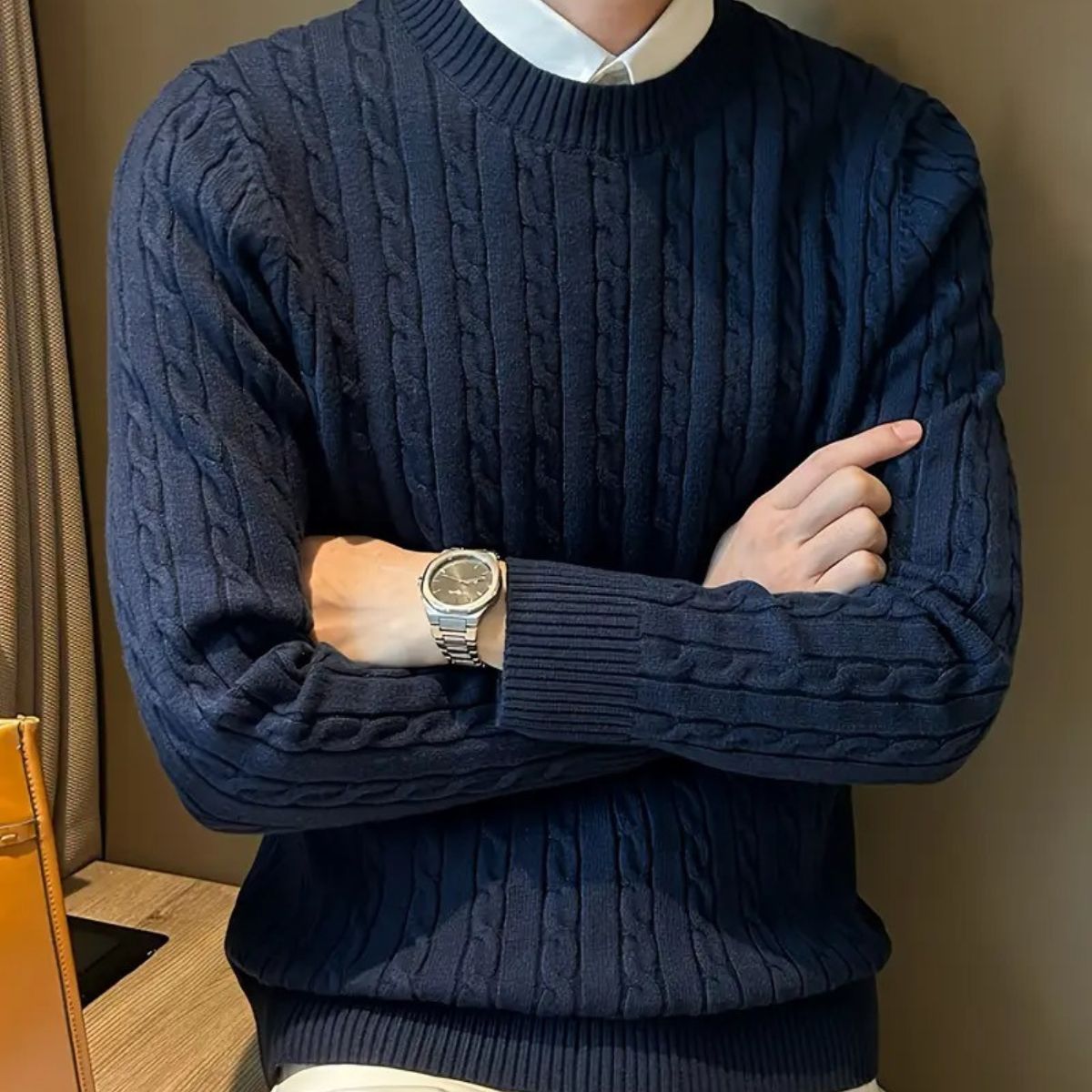 Luxury Navy Blue Men's Merino Wool Sweater