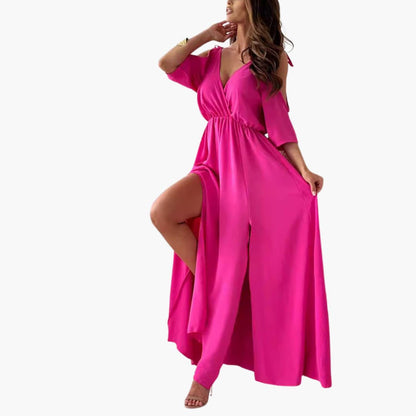 Elegant Long Dress with V Neck and High Slit