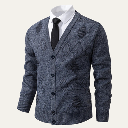 Warm Plaid V Neck Men's Fleece Cardigan Sweater