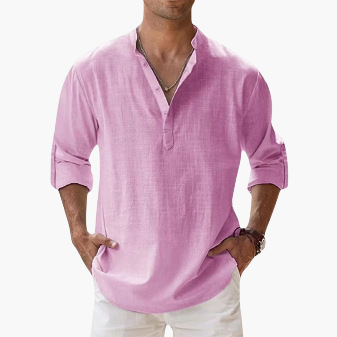 Relaxed Fit Men's Linen Henley Shirt Long Sleeve