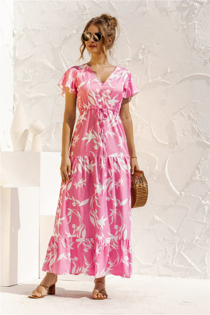 Flowy V-Neck Maxi Dress with Short Sleeves