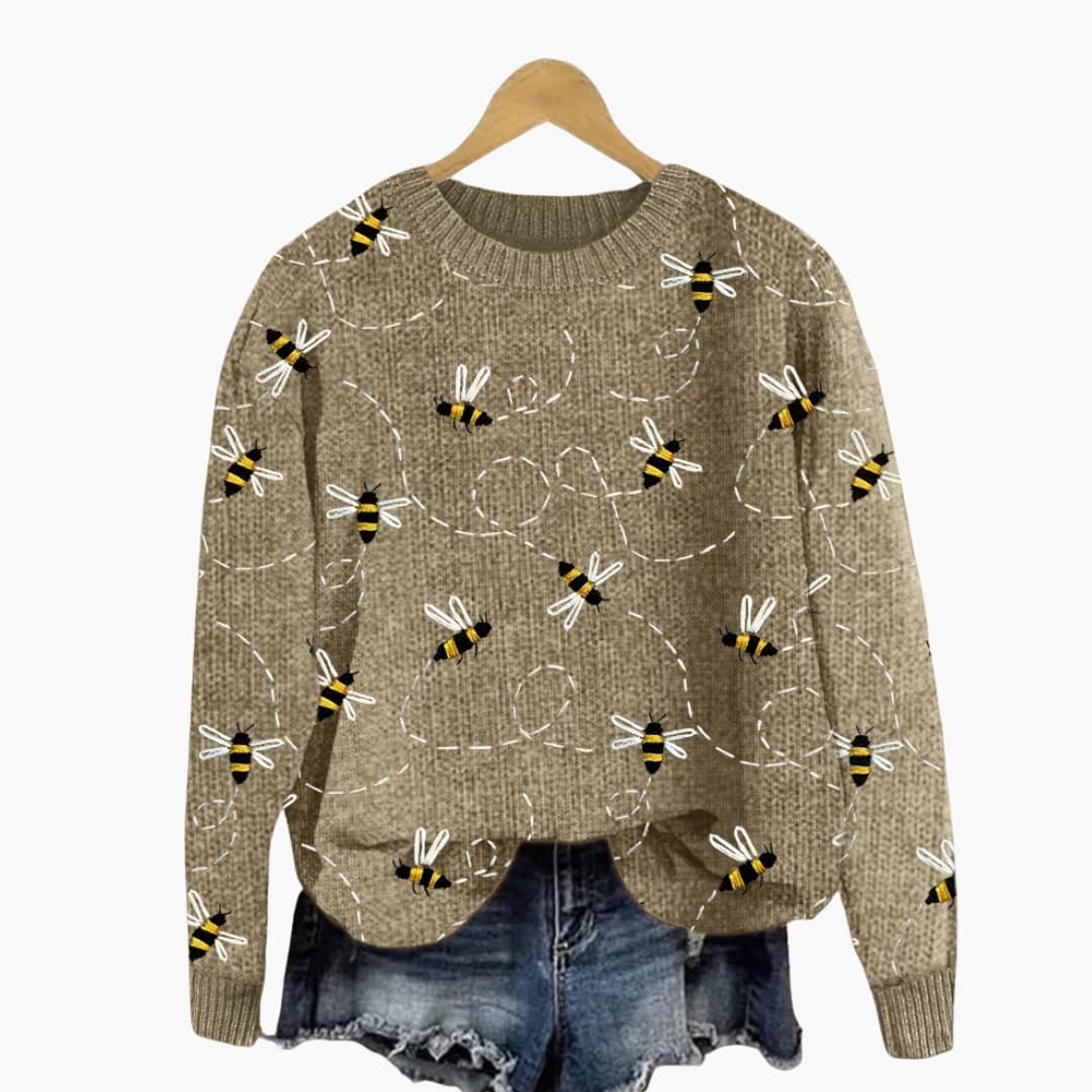 Ladies Cozy Bee Print Long Sleeve Sweater