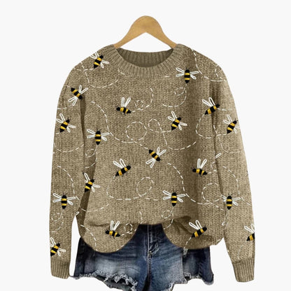 Ladies Cozy Bee Print Long Sleeve Sweater