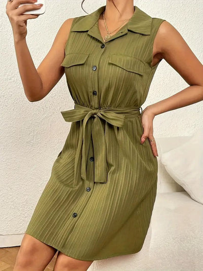 Summer Sleeveless Button Dress with Belt - Nocini
