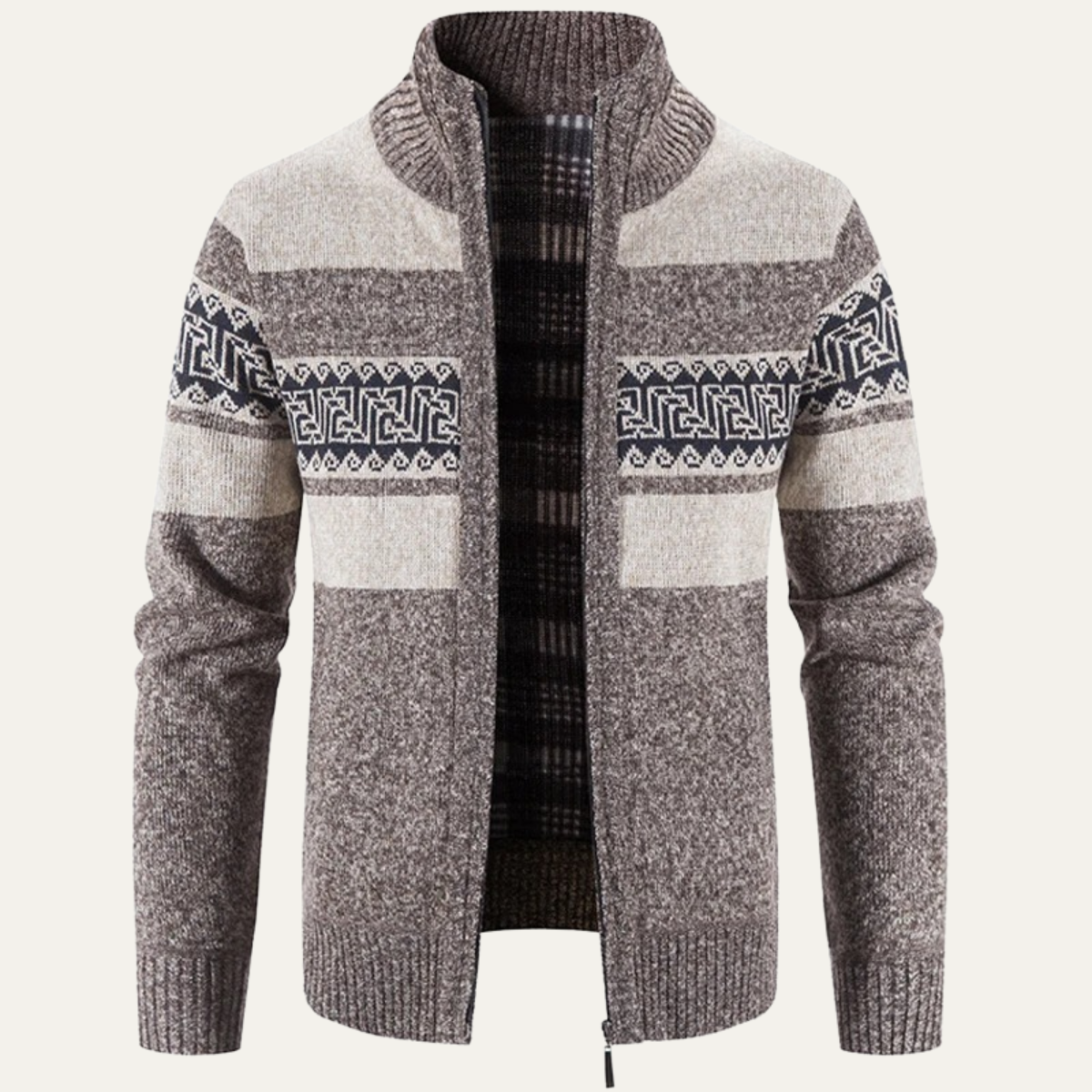 Cozy Mens Plaid Knitted Zip Up Jacket