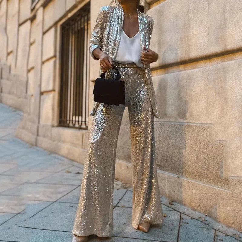 Glittery 2-Piece High Waist Pants Set