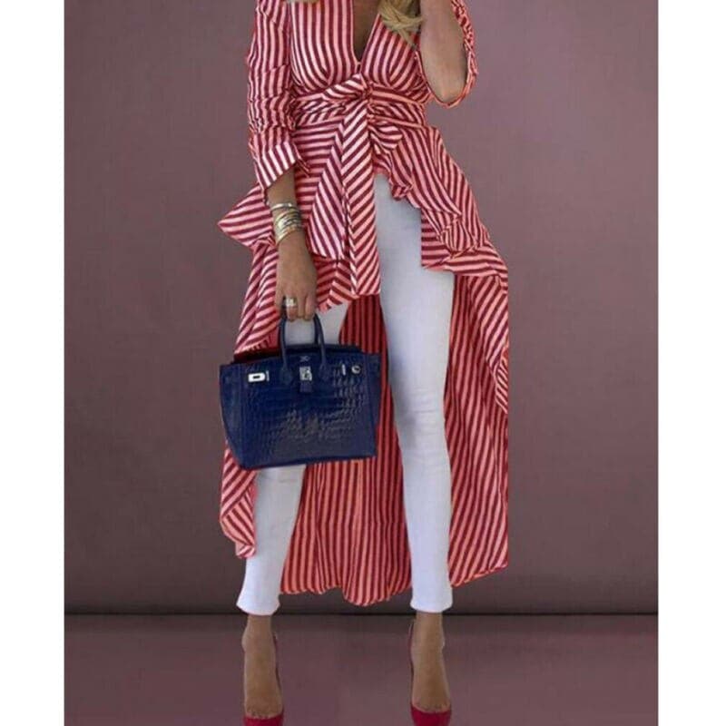 Women's Chic V-Neck Striped Blouse with Tie Waist