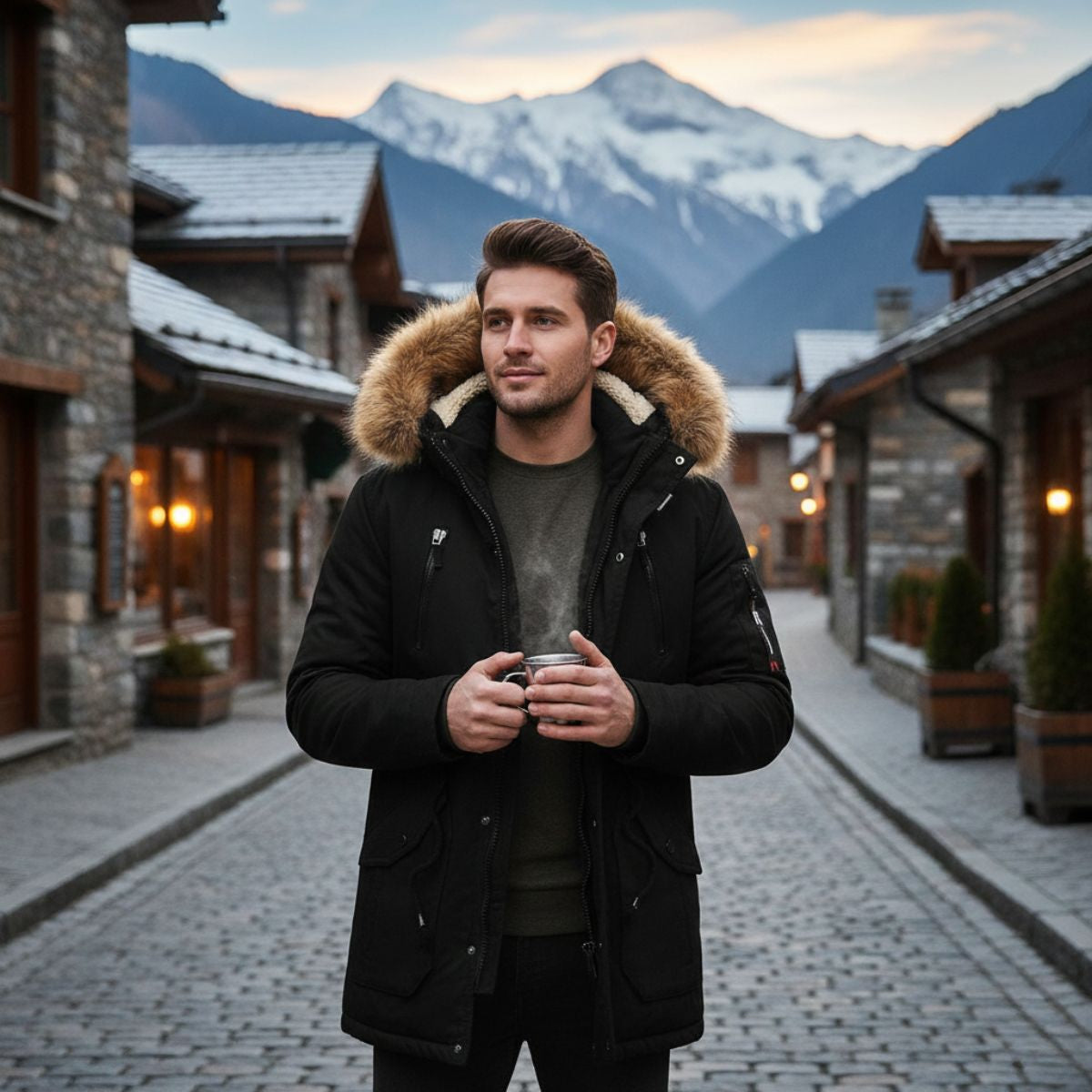 Warm Men's Down Parka Jacket with Faux Fur Hood