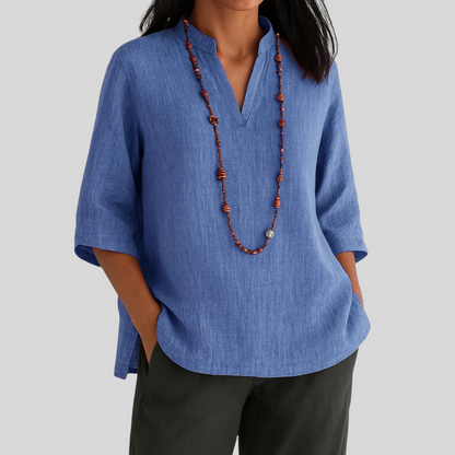 Casual Loose Fit Top with V Neck and Flared Bottom