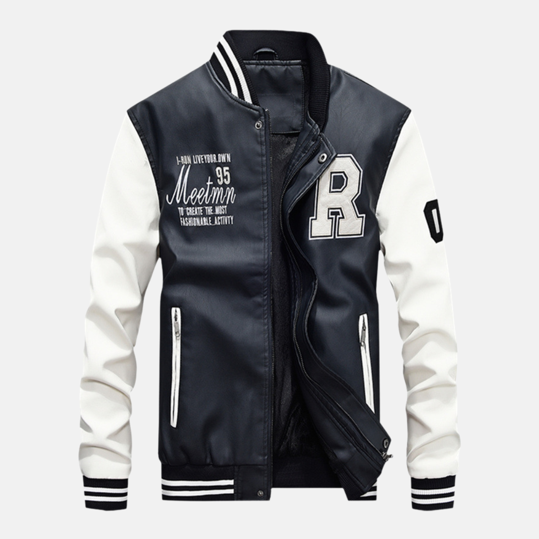Men's Vintage Style Leather Baseball Jacket - Nocini