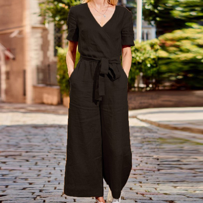 Women's V-Neck Short Sleeve Jumpsuit with Tie Waist