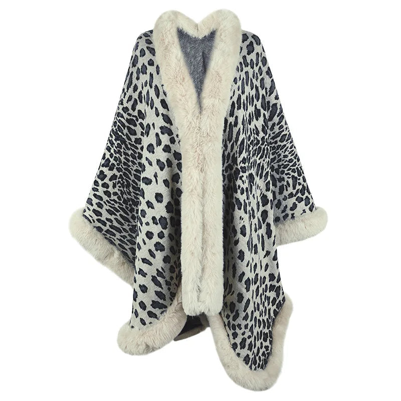 Luxurious Leopard Fur Trimmed Cape Coat