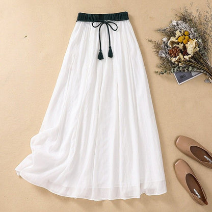 Flowy Long Skirt with Embellished Waist and Fringe Trim