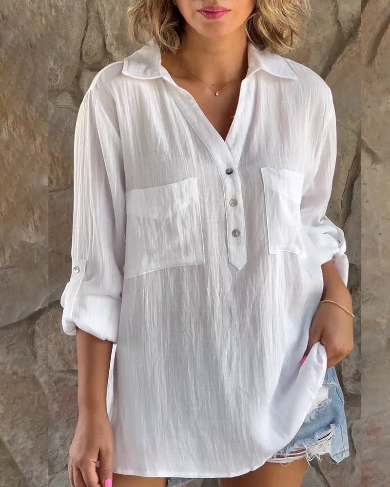 Relaxed Fit V-Neck Women's Blouse with Roll Up Sleeves - Nocini