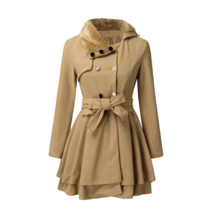 Ladies Faux Fur Trimmed Belted Coat