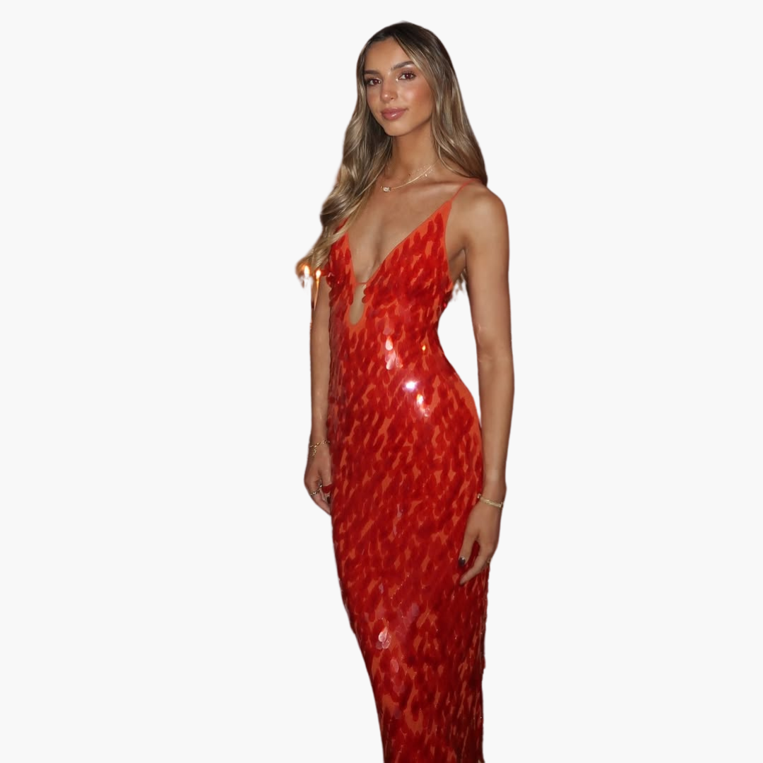 Glittering Formal Gown for Women - Long V Neck Dress