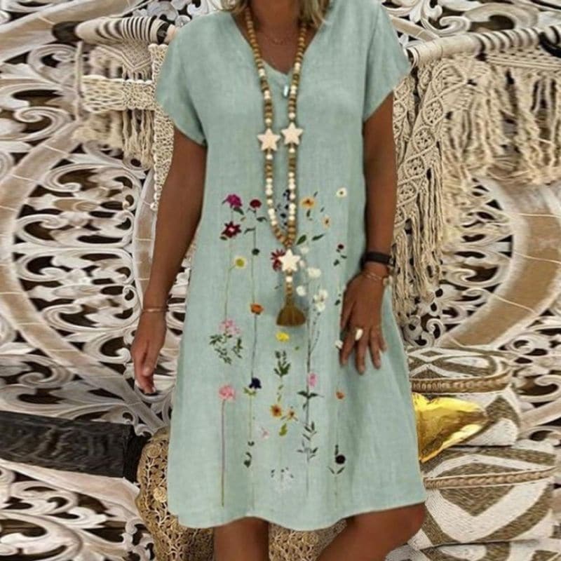Relaxed Fit Ladies Linen Dress with Embroidery
