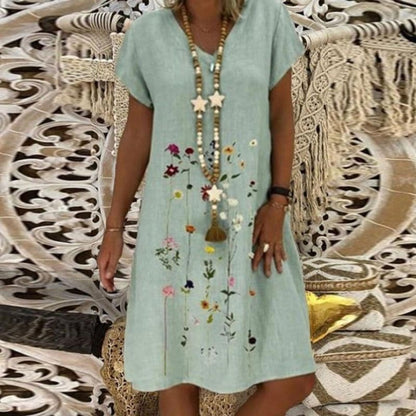 Relaxed Fit Ladies Linen Dress with Embroidery