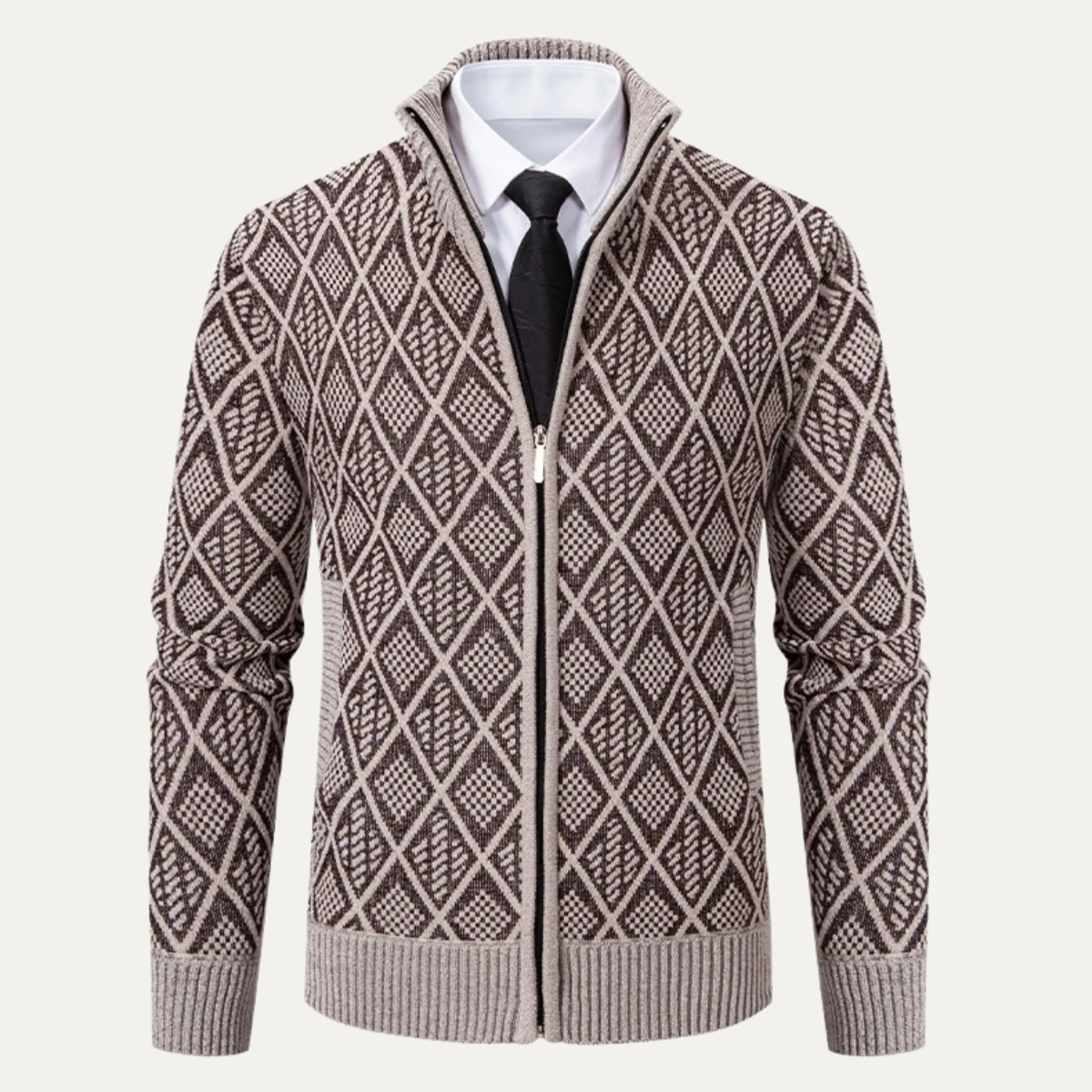 Men's Diamond Quilted Zip Up Knit Jacket with High Collar
