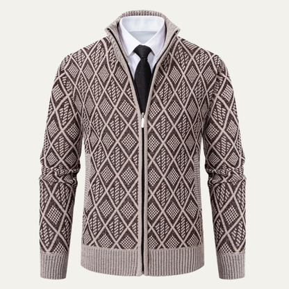 Men's Diamond Quilted Zip Up Knit Jacket with High Collar