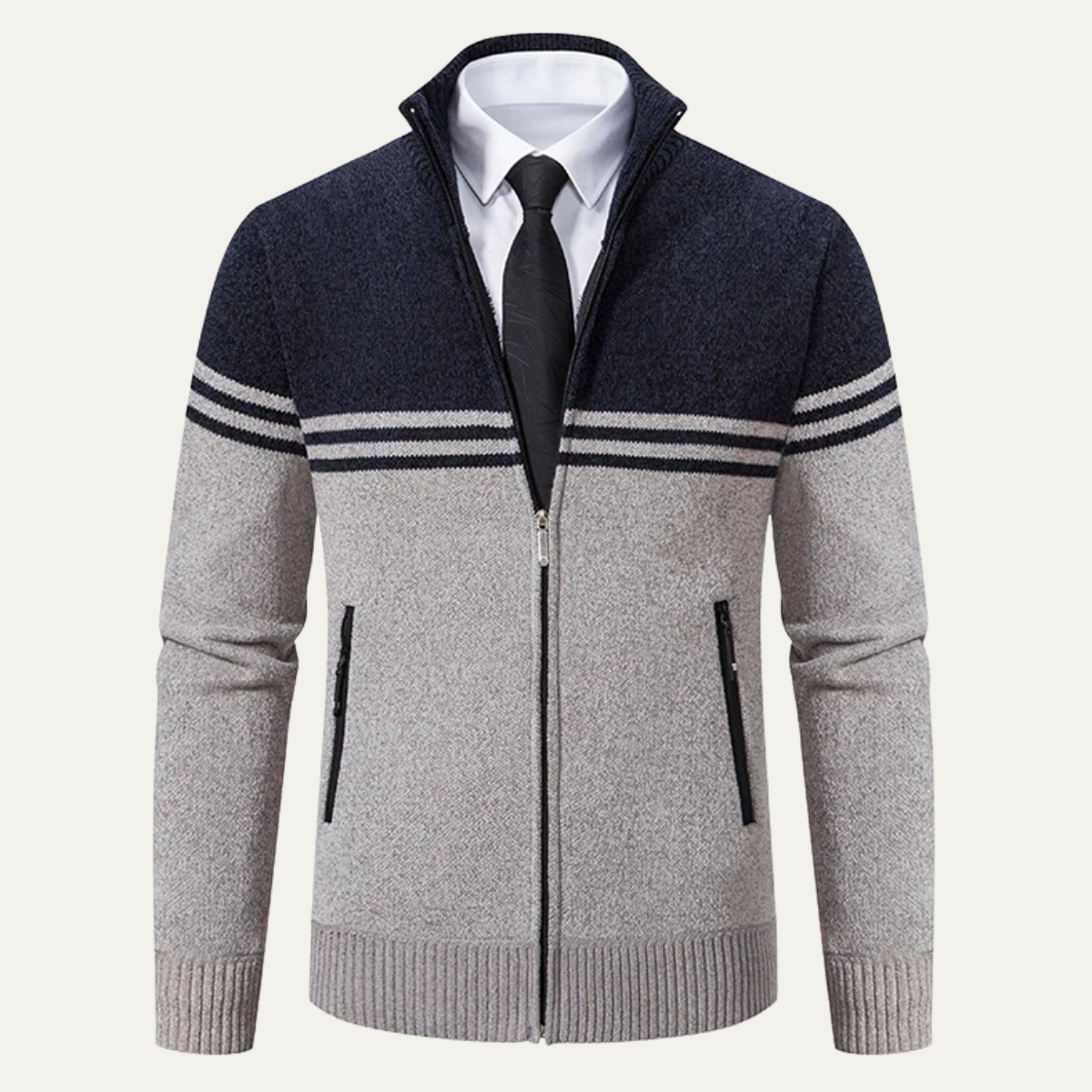 Warm Men's Striped Fleece Lined Knit Jacket Sweater - Nocini