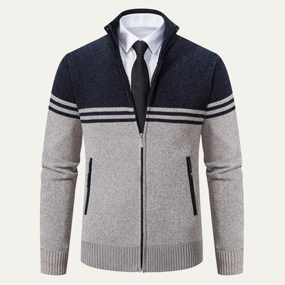 Warm Men's Striped Fleece Lined Knit Jacket Sweater - Nocini