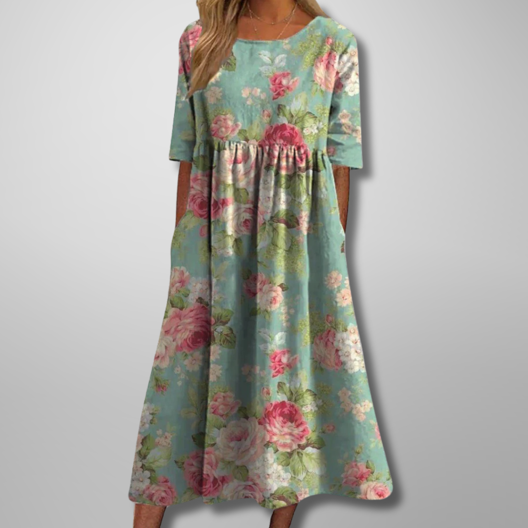 Ladies Vintage Floral A-Line Maxi Dress with Cap Sleeves