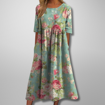 Ladies Vintage Floral A-Line Maxi Dress with Cap Sleeves