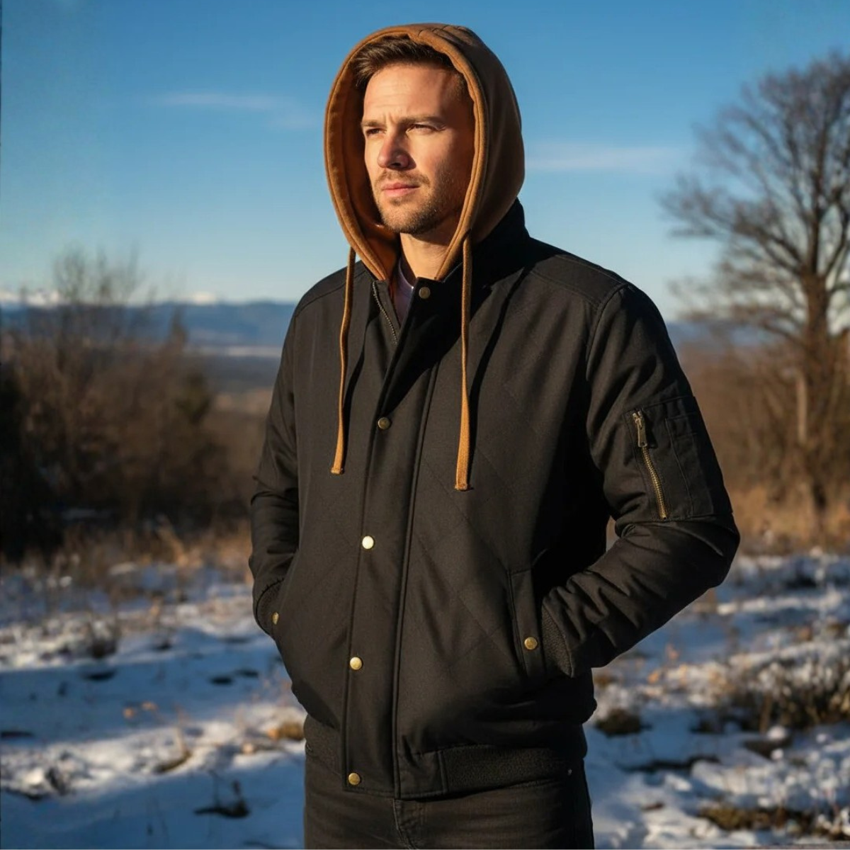 Warm Fleece Lined Mens Hooded Bomber Jacket