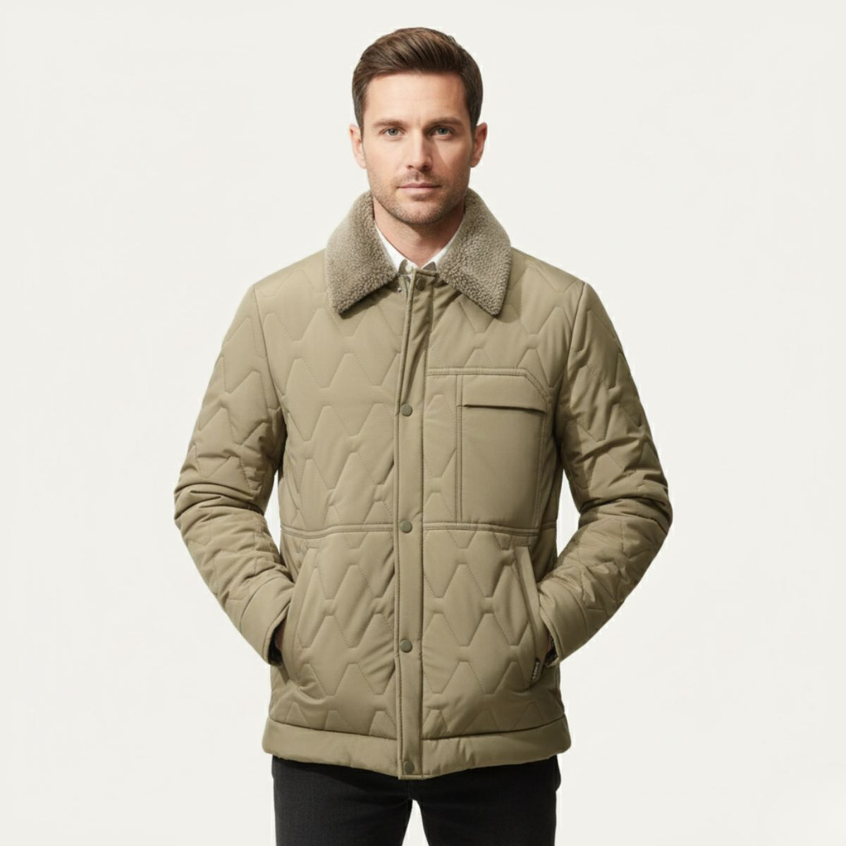 Warm Quilted Mens Winter Parka Coat with Faux Fur Hood