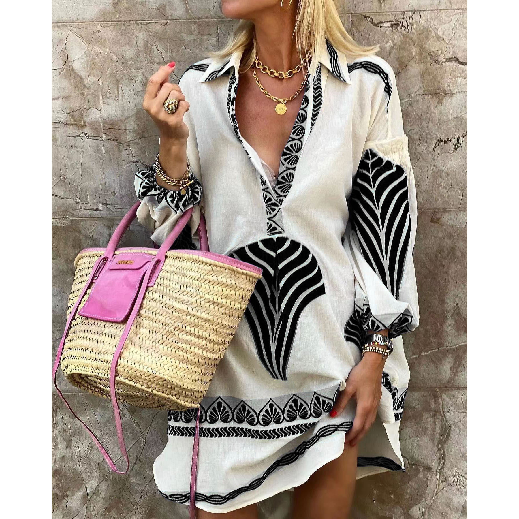 Comfy V-Neck Mini Dress with Flowy Sleeves - Nocini