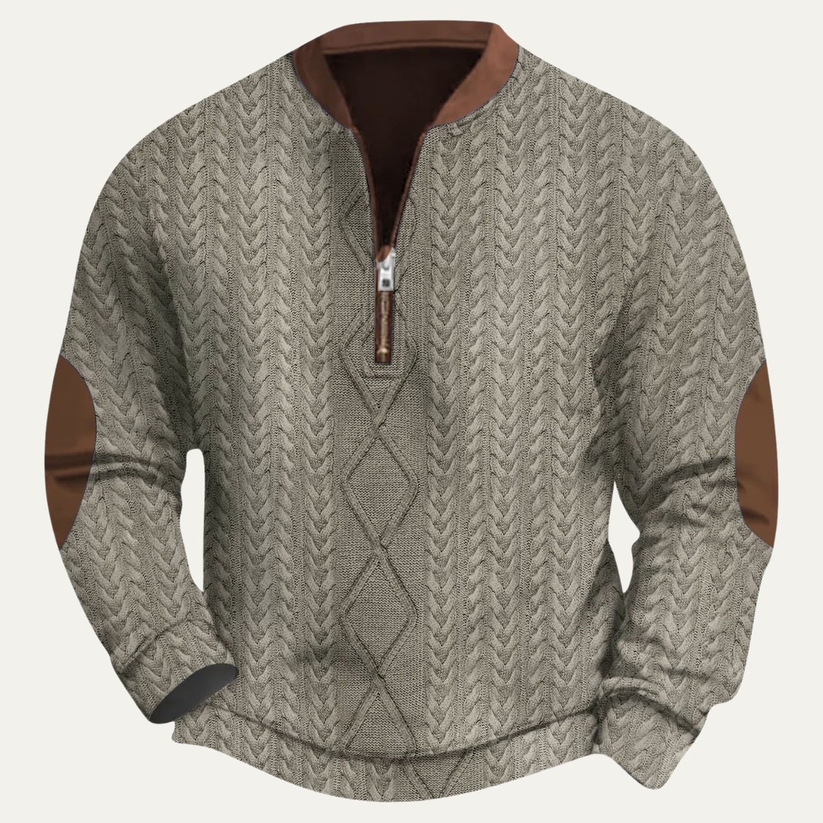 Warm Mens Cable Knit Half Zip Sweater with Patches