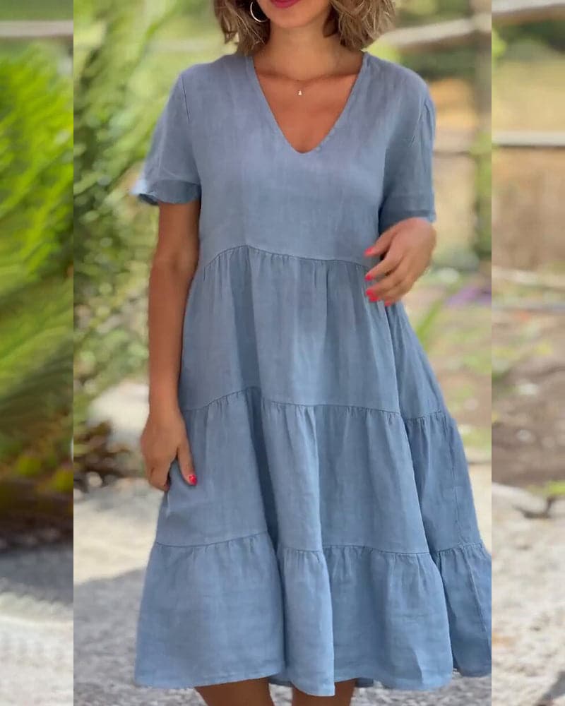 Casual V Neck Cotton Dress for Women