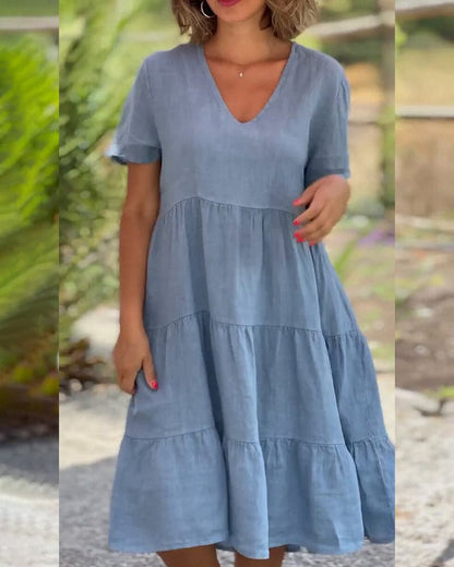 Casual V Neck Cotton Dress for Women