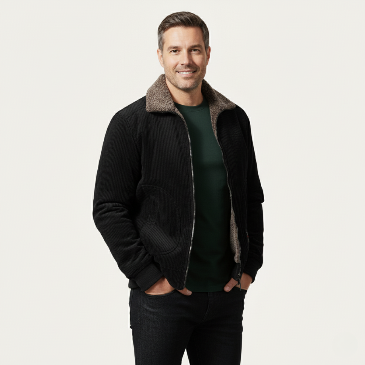 Warm Men's Quilted Fleece Jacket with Fur Trim Coat