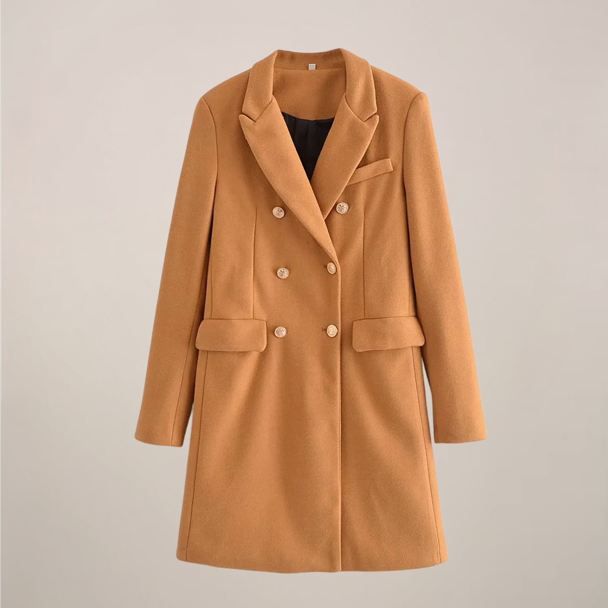 Classic Tan Coat with Brass Buttons for Women