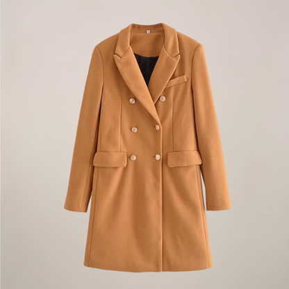 Classic Tan Coat with Brass Buttons for Women